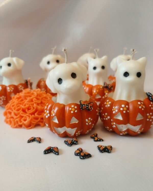 perritos y gatitos con calabaza Vela de fantasma de gato o perro con calabaza para Día de Muertos - Otoño